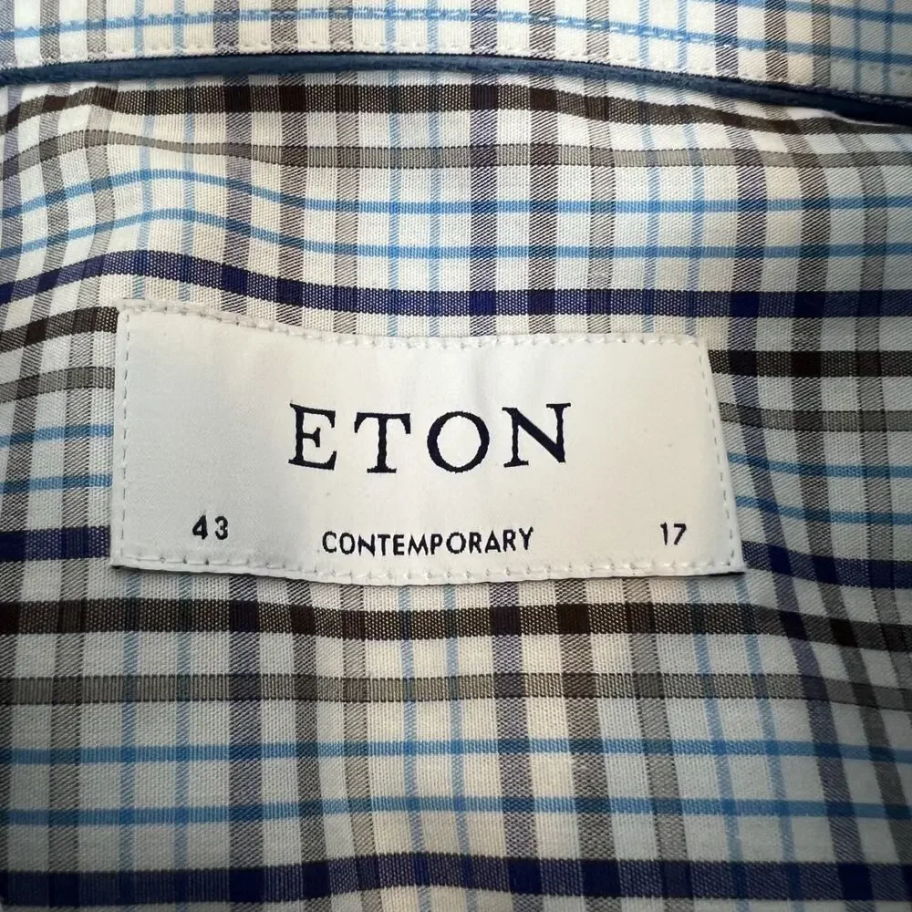 Eton Shirt‎ Mens 43 17 Blue Plaid Button Front Career Preppy Business Officewear